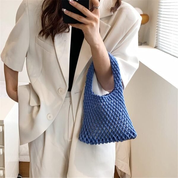 Women Clutch Handbag Tote Cotton Crochet Bucket Top-handle Drawstring Summer Beach Woven Fishing Net Pouch Purse