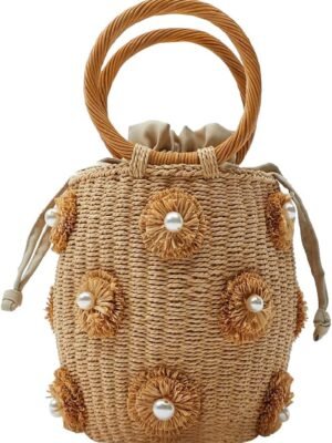 Flower Pearls Rattan Tote Bag Summer Beach Drawstring Straw Bucket Bag Diamonds Woven Handbag