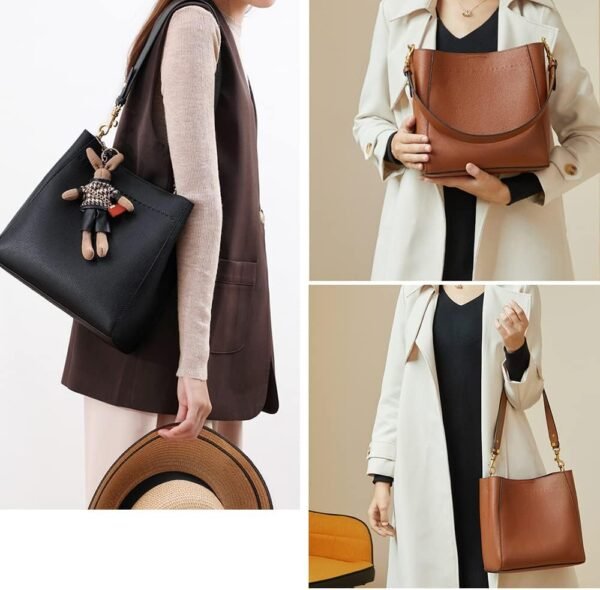 Leather Bucket Tote Bags for Women  Shoulder  Purse and Handbags with Detachable Wide Strap