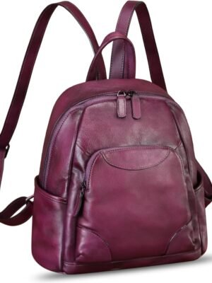 Genuine Leather Backpack for Women Vintage Handmade Satchel Vintage Knapsack Retro Leather Rucksack Daypack (Purple)