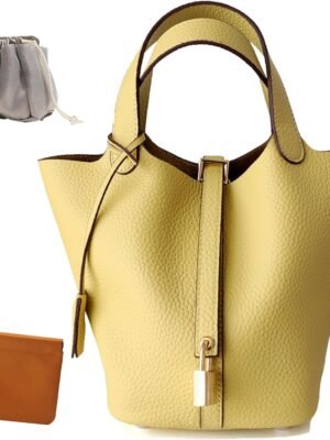 Genuine Leather Lock Design Bucket Bag Vegetable Basket, Fashionable and Versatile Shoulder Handbag