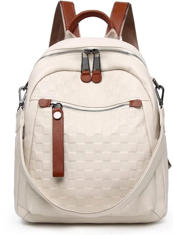 Genuine Leather Backpack Purse For Women Beige Real Soft Leather Checkered Convertible Shoulder Bag