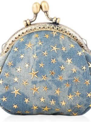 Five Pointed Star Coin Purse Denim Change Pouch Wallets Buckle with Kisslock Clasp Coin Holder Clutch Handbags for Women Ladies,Blue