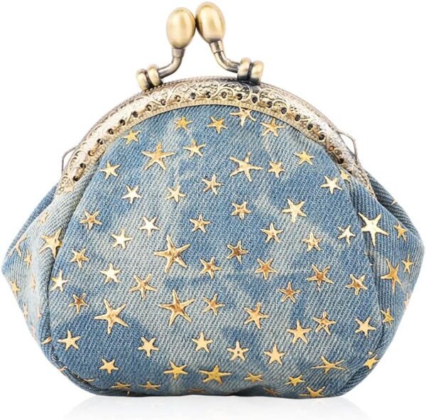 Five Pointed Star Coin Purse Denim Change Pouch Wallets Buckle with Kisslock Clasp Coin Holder Clutch Handbags for Women Ladies,Blue