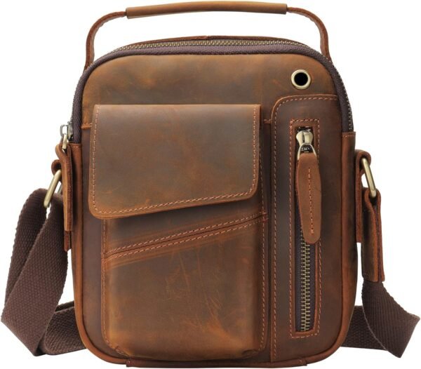 Man Purses and Bags Small, Mini Genuine Leather Messenger and Shoulder Bag for Men with lots of Zipper Pockets