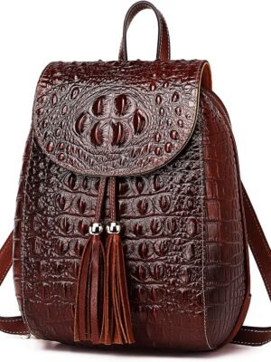 Women Small Genuine Leather Backpack Purse Crocodile  Bag (Dark Brown)