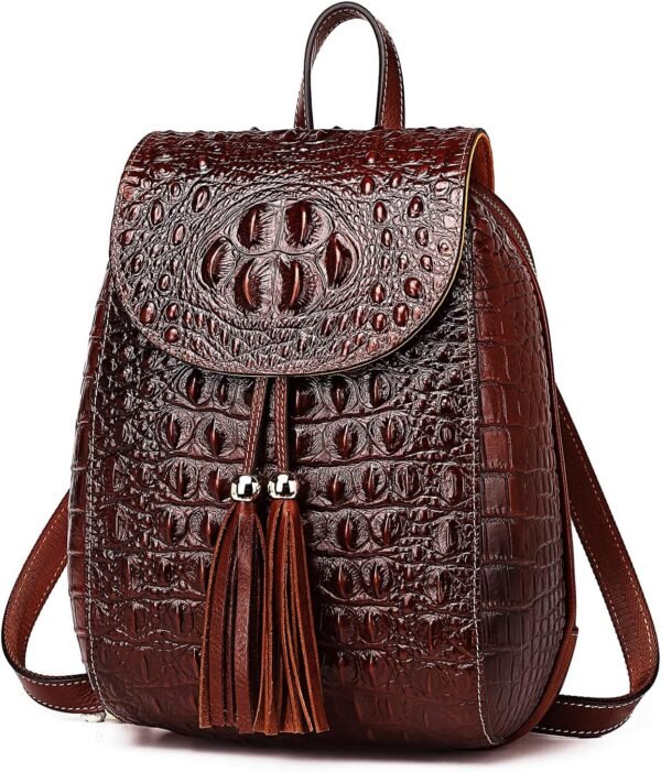 Women Small Genuine Leather Backpack Purse Crocodile Bag (Dark Brown)