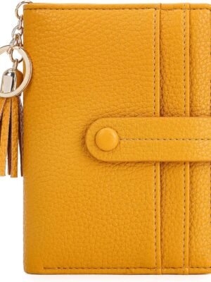 Small Wallets for Women, Blocking Wallet Leather Bifold Wallet Women Minimalist Slim Card Holder Zipper Coin Wallet With Tassel Keychain(Yellow)