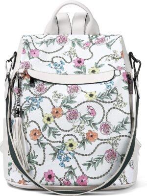 Backpack Purse for Women Leather Anti-theft Travel Backpack Fashion Shoulder Bag Beige Floral