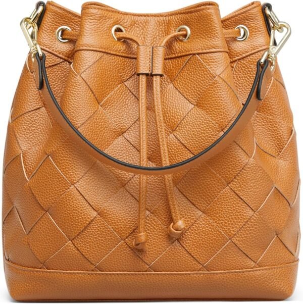 Woven Leather Bucket Bags for Women, Drawstring Crossbody  Purses and Shoulder Handbags with 2 Straps